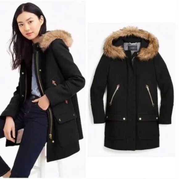 J. Crew Black Chataeu Parka Italian Stafium Cloth Hooded Wool Coat Jacket Size 2 - Picture 1 of 11